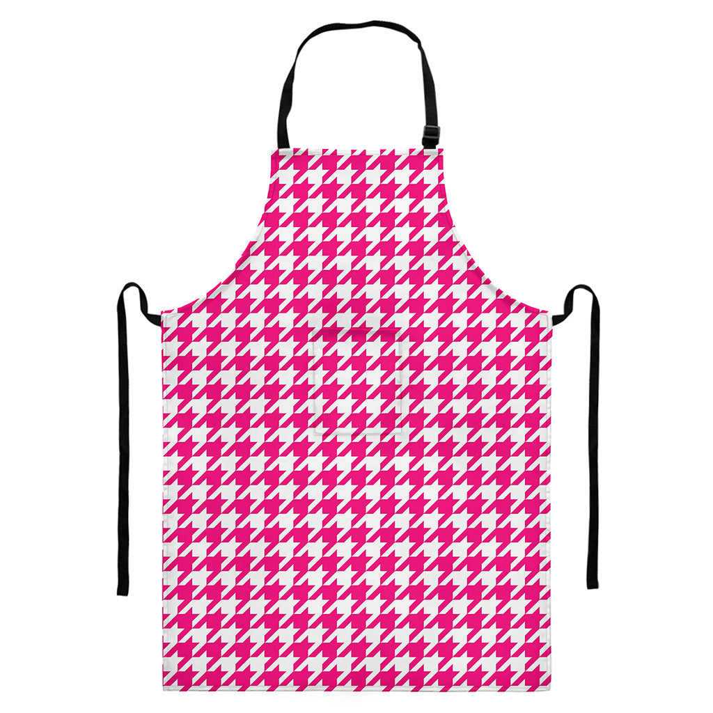 Hot Pink And White Houndstooth Print Bib Apron With Pocket