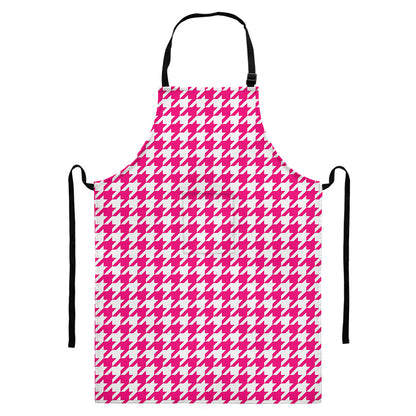 Hot Pink And White Houndstooth Print Bib Apron With Pocket