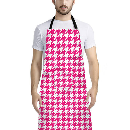 Hot Pink And White Houndstooth Print Bib Apron With Pocket