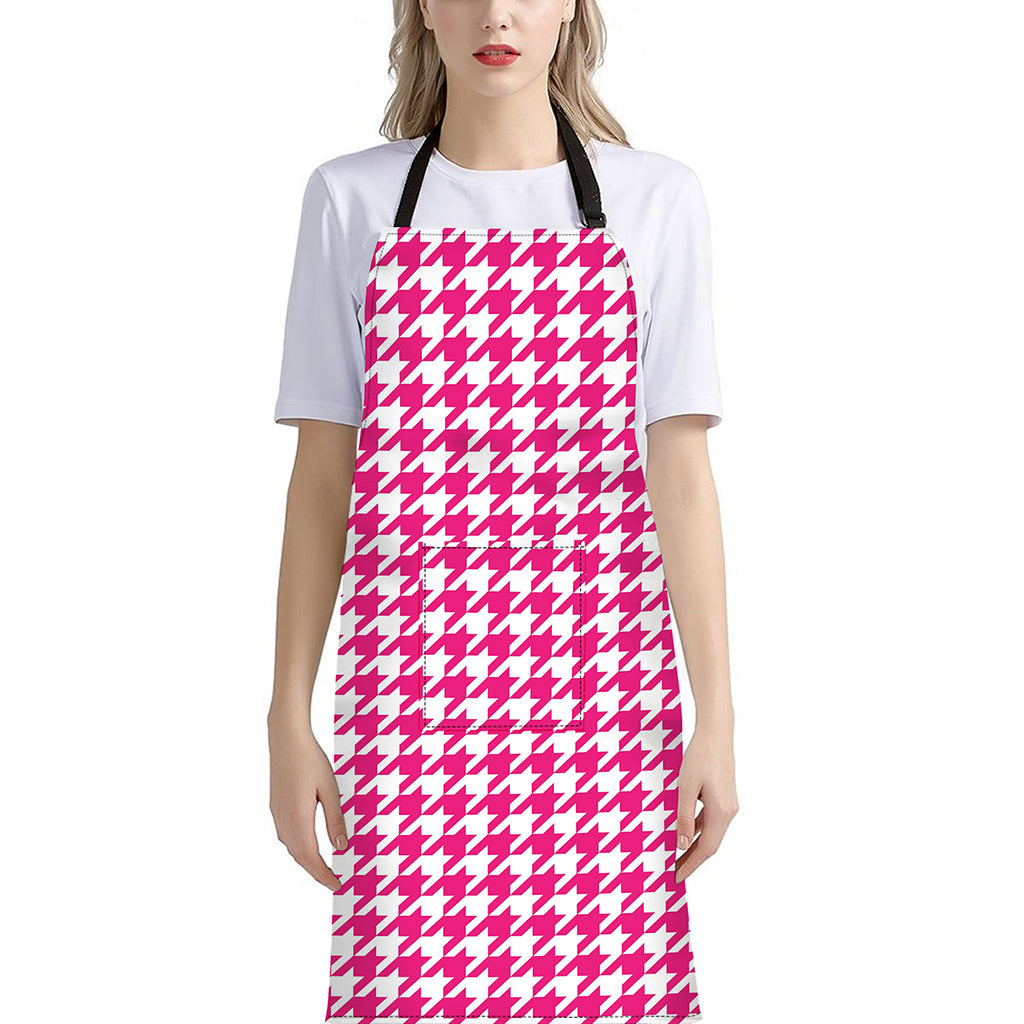 Hot Pink And White Houndstooth Print Bib Apron With Pocket