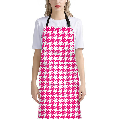Hot Pink And White Houndstooth Print Bib Apron With Pocket