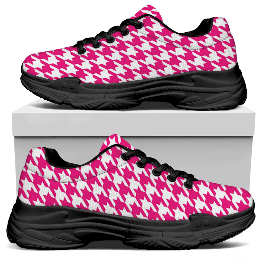 Hot Pink And White Houndstooth Print Black Chunky Shoes