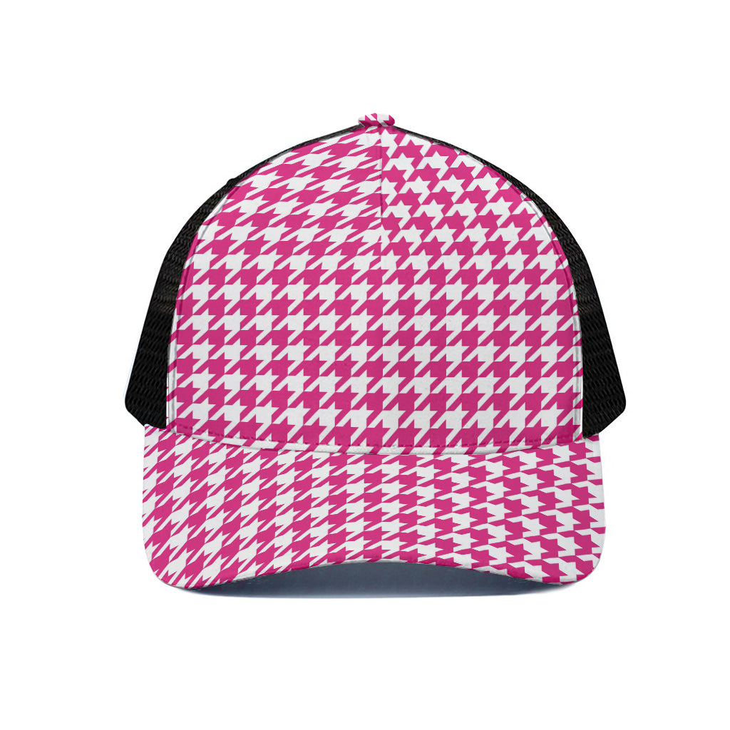 Hot Pink And White Houndstooth Print Black Mesh Trucker Cap