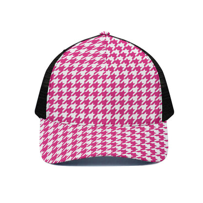 Hot Pink And White Houndstooth Print Black Mesh Trucker Cap