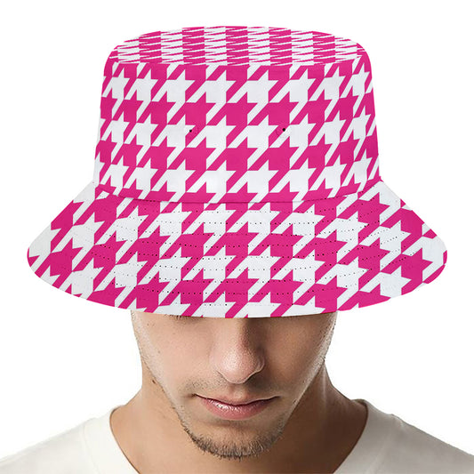 Hot Pink And White Houndstooth Print Bucket Hat