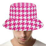 Hot Pink And White Houndstooth Print Bucket Hat