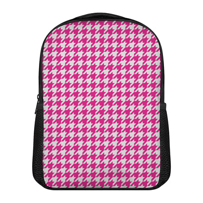 Hot Pink And White Houndstooth Print Casual Backpack