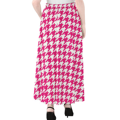 Hot Pink And White Houndstooth Print Chiffon Maxi Skirt