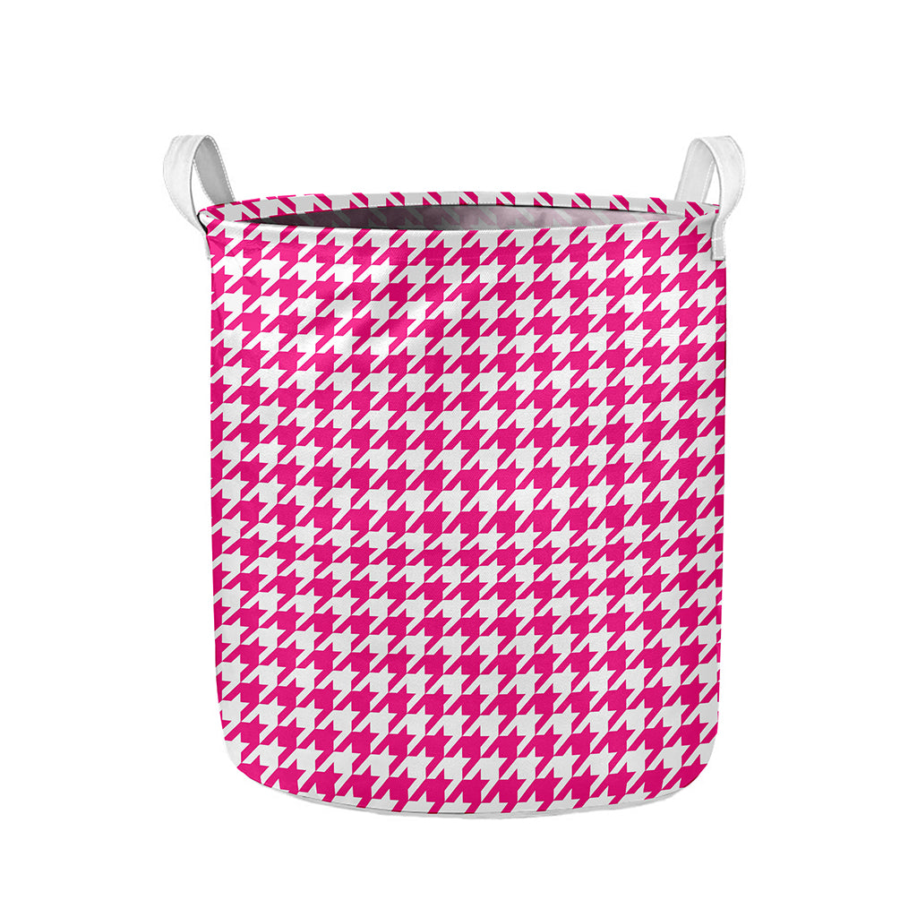 Hot Pink And White Houndstooth Print Collapsible Laundry Basket