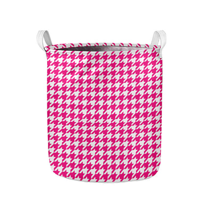 Hot Pink And White Houndstooth Print Collapsible Laundry Basket