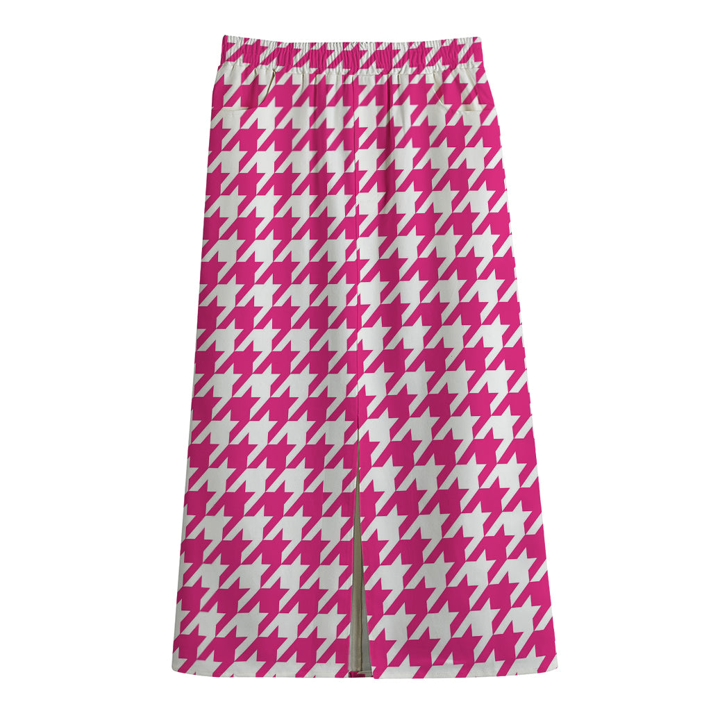 Hot Pink And White Houndstooth Print Cotton Front Slit Maxi Skirt