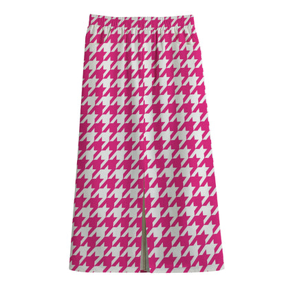 Hot Pink And White Houndstooth Print Cotton Front Slit Maxi Skirt