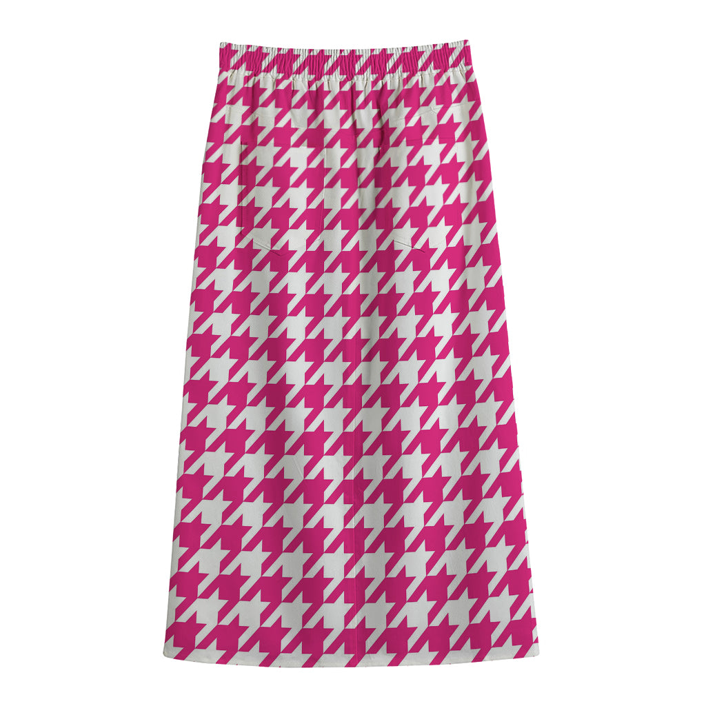 Hot Pink And White Houndstooth Print Cotton Front Slit Maxi Skirt
