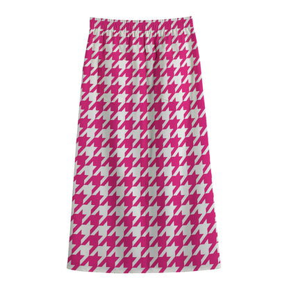 Hot Pink And White Houndstooth Print Cotton Front Slit Maxi Skirt