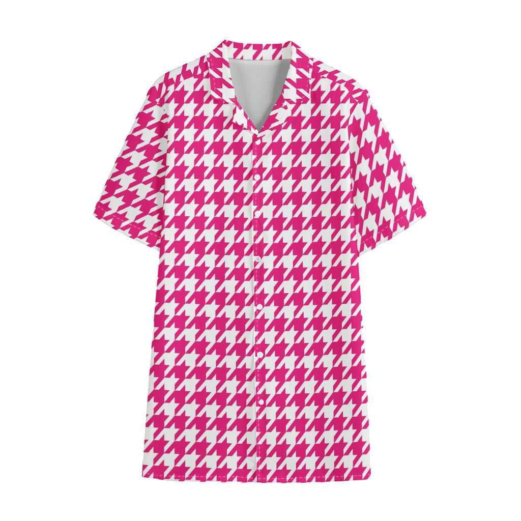 Hot Pink And White Houndstooth Print Cotton Hawaiian Shirt