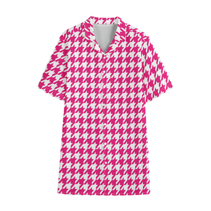 Hot Pink And White Houndstooth Print Cotton Hawaiian Shirt