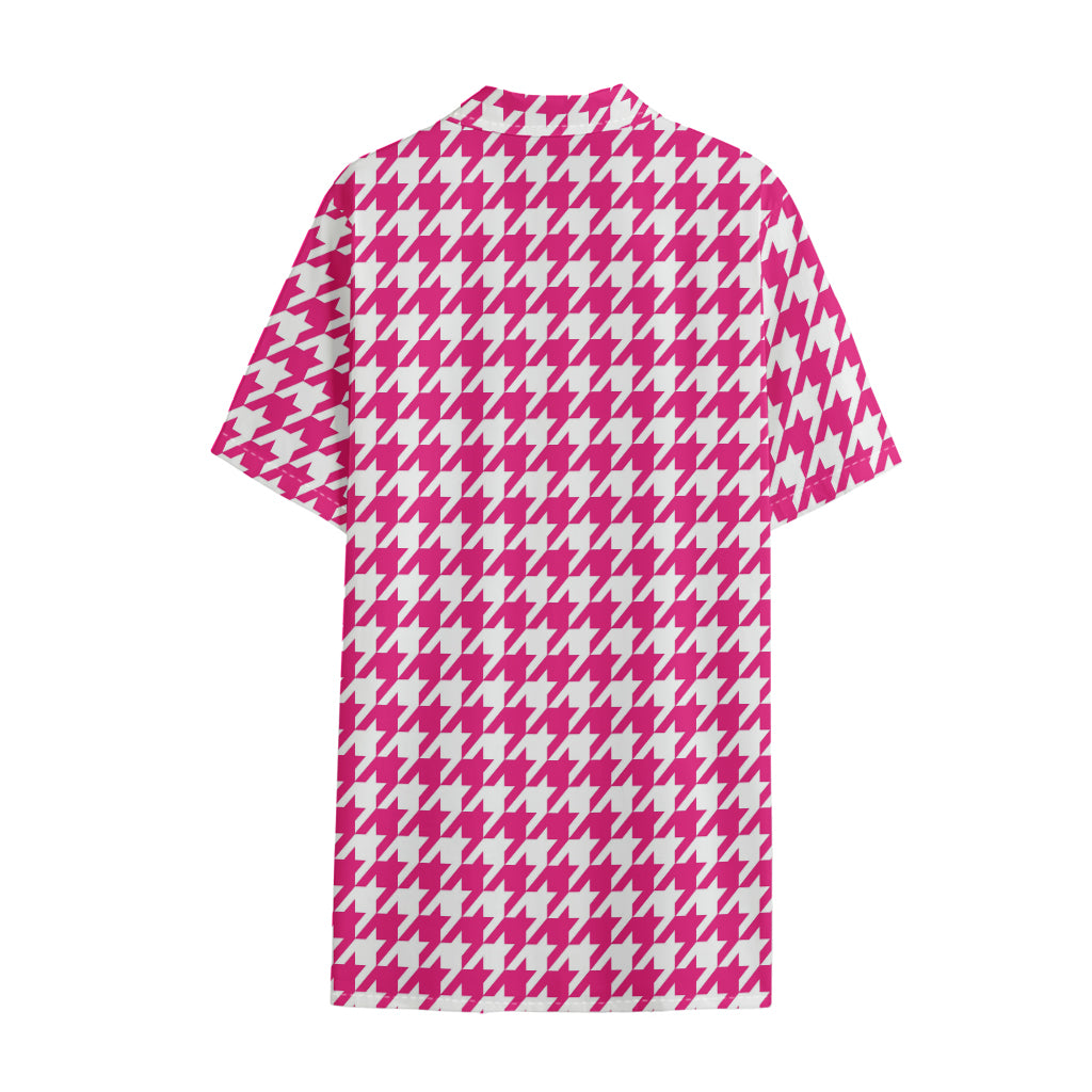Hot Pink And White Houndstooth Print Cotton Hawaiian Shirt