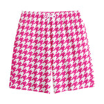 Hot Pink And White Houndstooth Print Cotton Shorts