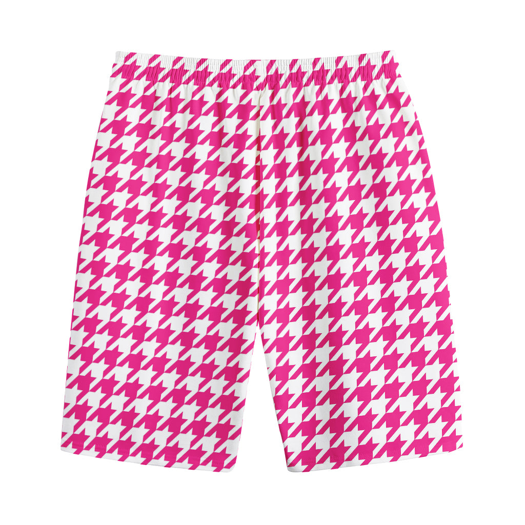 Hot Pink And White Houndstooth Print Cotton Shorts