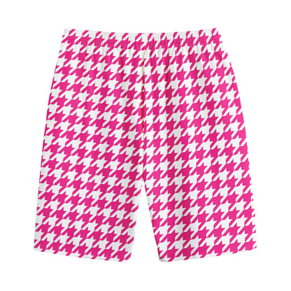 Hot Pink And White Houndstooth Print Cotton Shorts