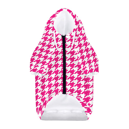 Hot Pink And White Houndstooth Print Dog Zip Up Hoodie