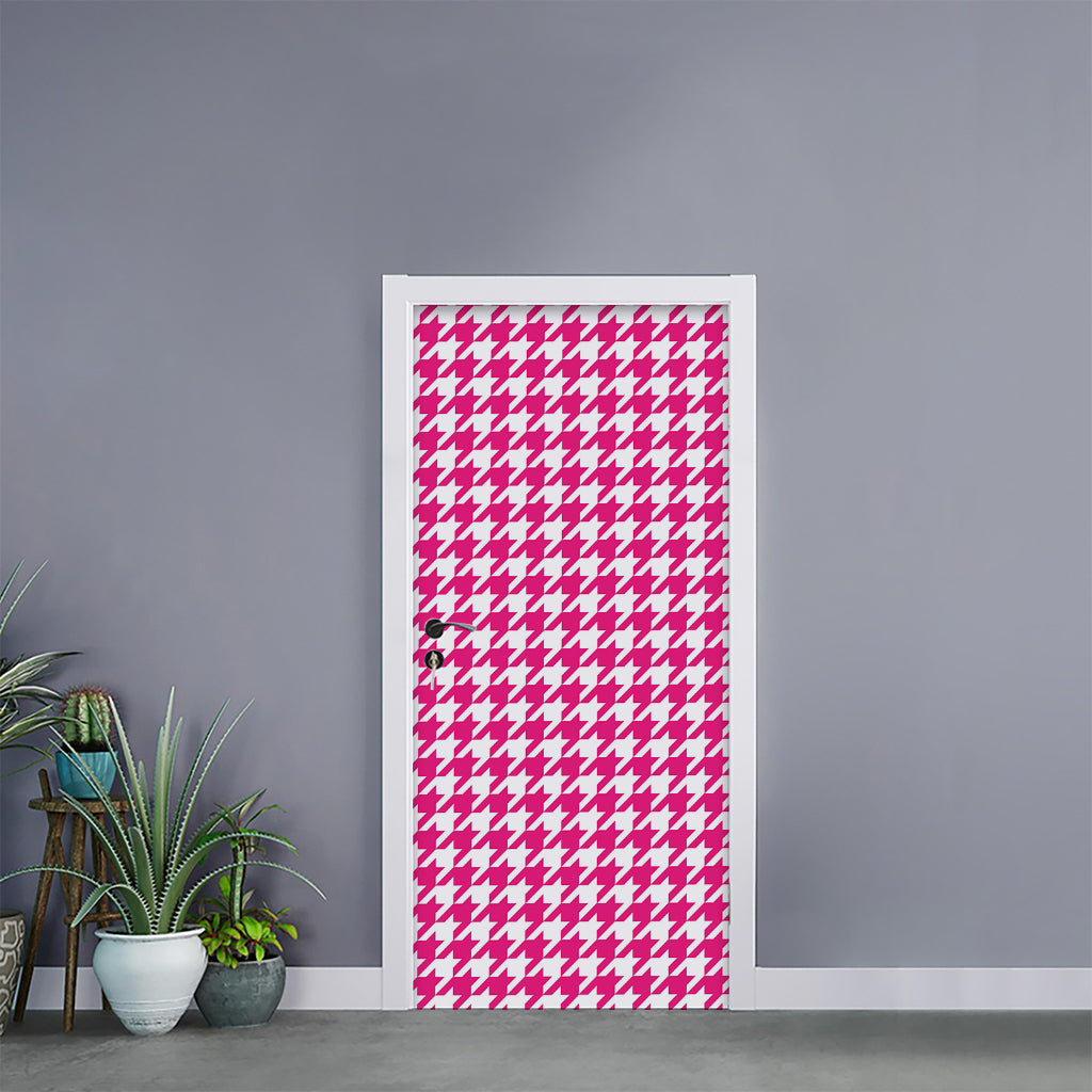 Hot Pink And White Houndstooth Print Door Sticker