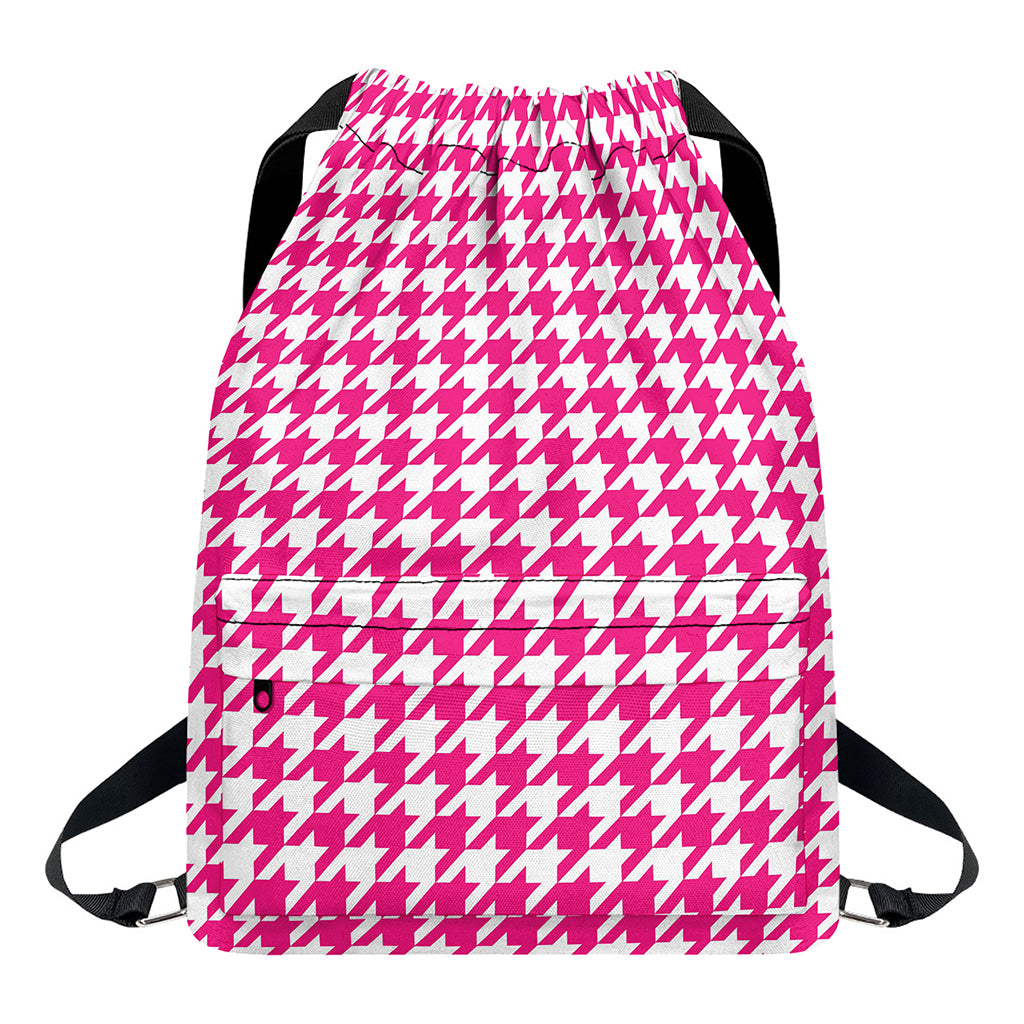 Hot Pink And White Houndstooth Print Drawstring Backpack