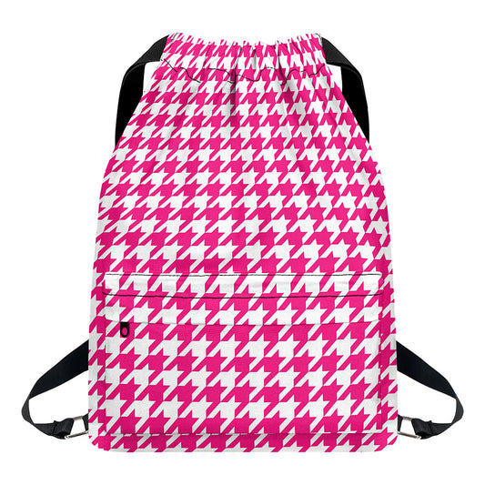Hot Pink And White Houndstooth Print Drawstring Backpack