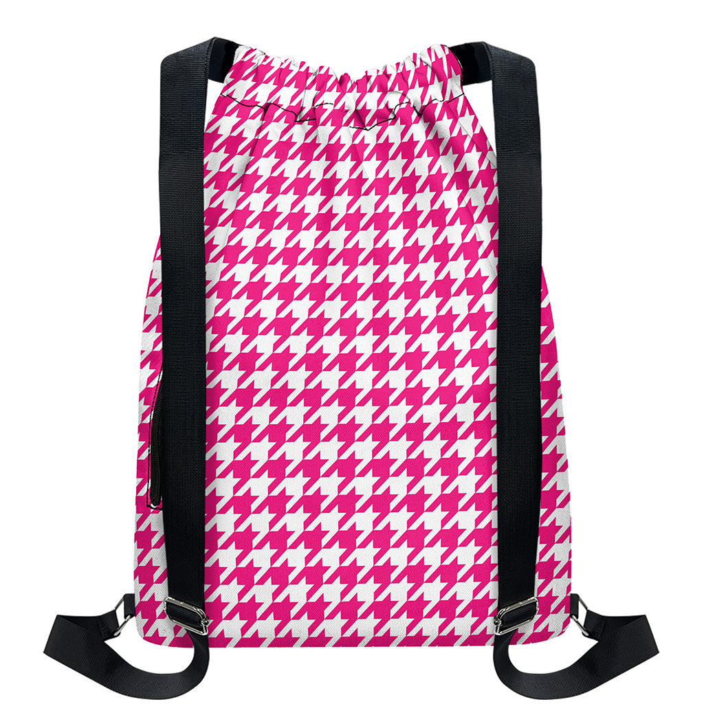Hot Pink And White Houndstooth Print Drawstring Backpack