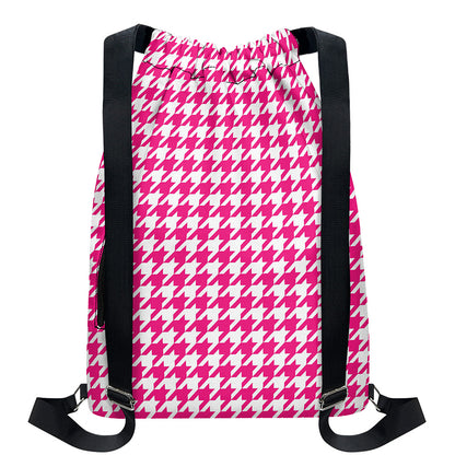 Hot Pink And White Houndstooth Print Drawstring Backpack