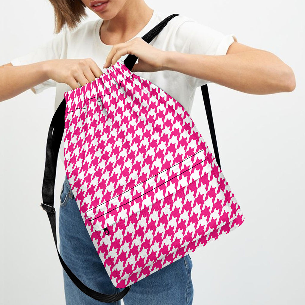 Hot Pink And White Houndstooth Print Drawstring Backpack