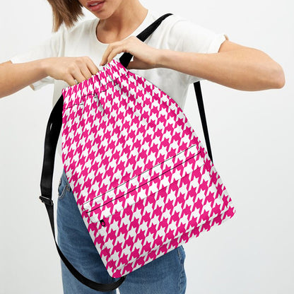 Hot Pink And White Houndstooth Print Drawstring Backpack