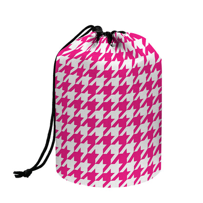 Hot Pink And White Houndstooth Print Drawstring Makeup Bag