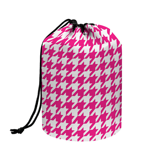 Hot Pink And White Houndstooth Print Drawstring Makeup Bag