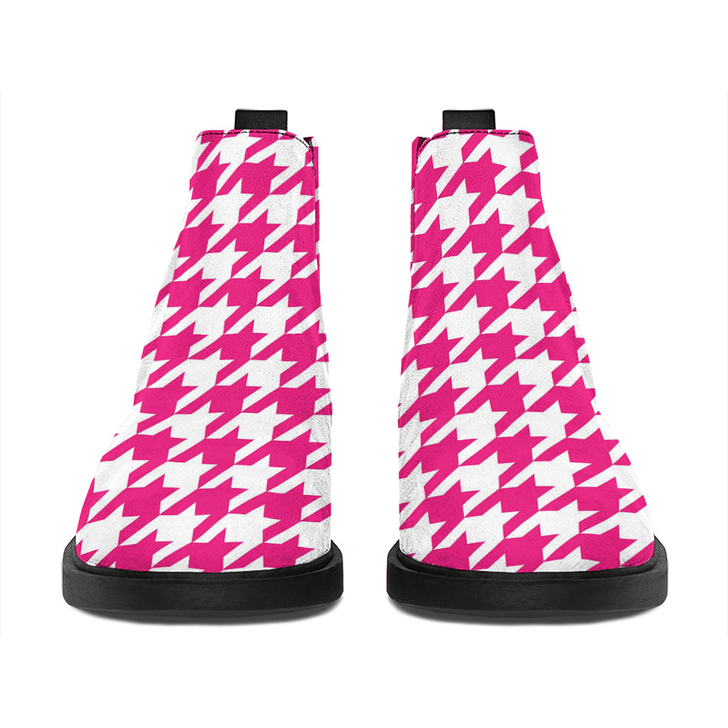 Hot Pink And White Houndstooth Print Flat Ankle Boots