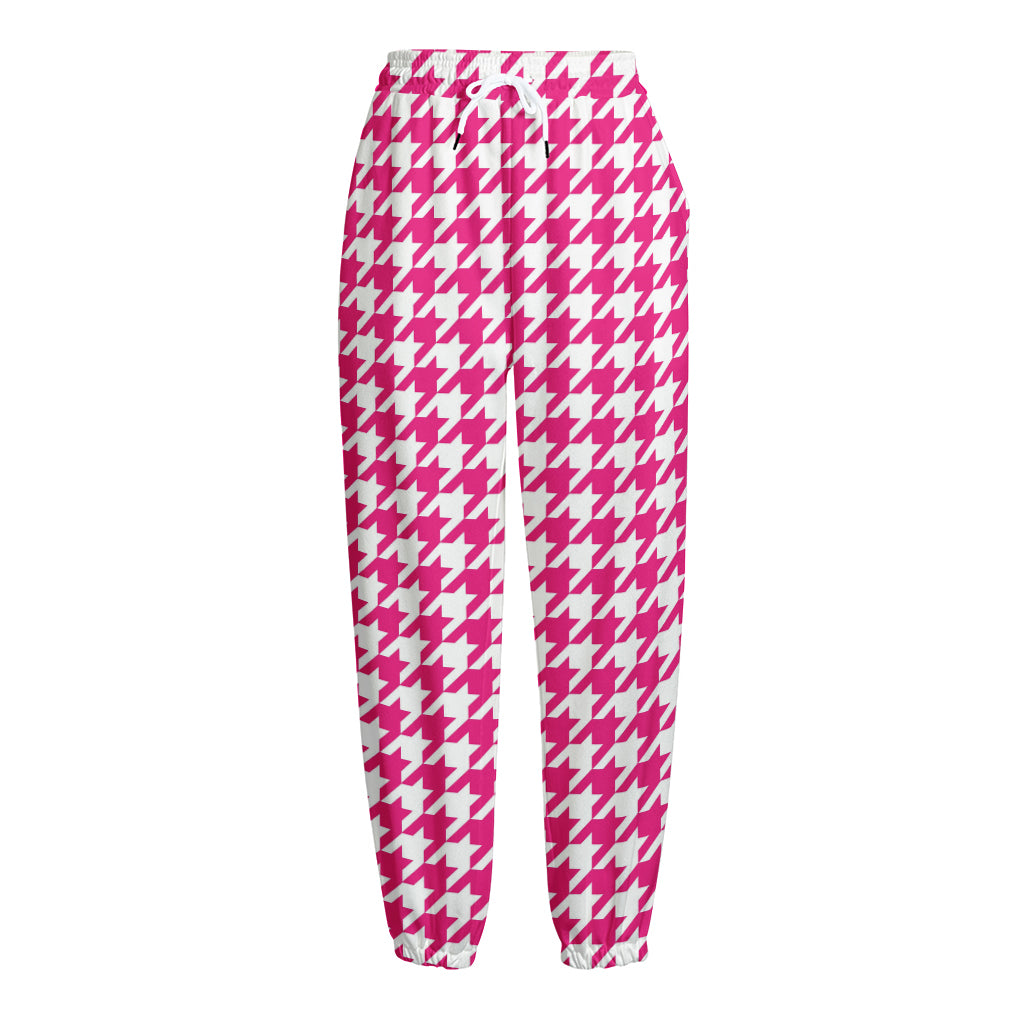 Hot Pink And White Houndstooth Print Fleece Lined Knit Pants