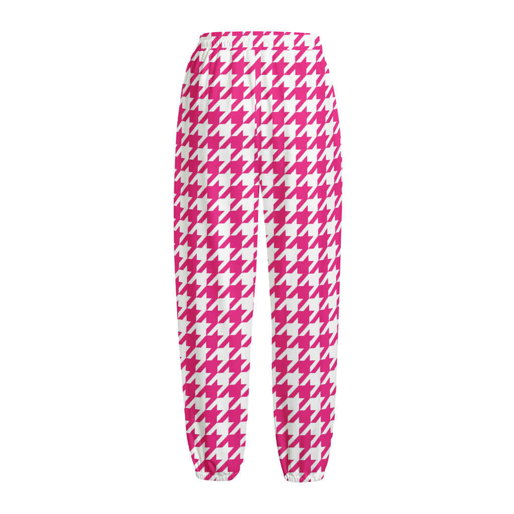 Hot Pink And White Houndstooth Print Fleece Lined Knit Pants