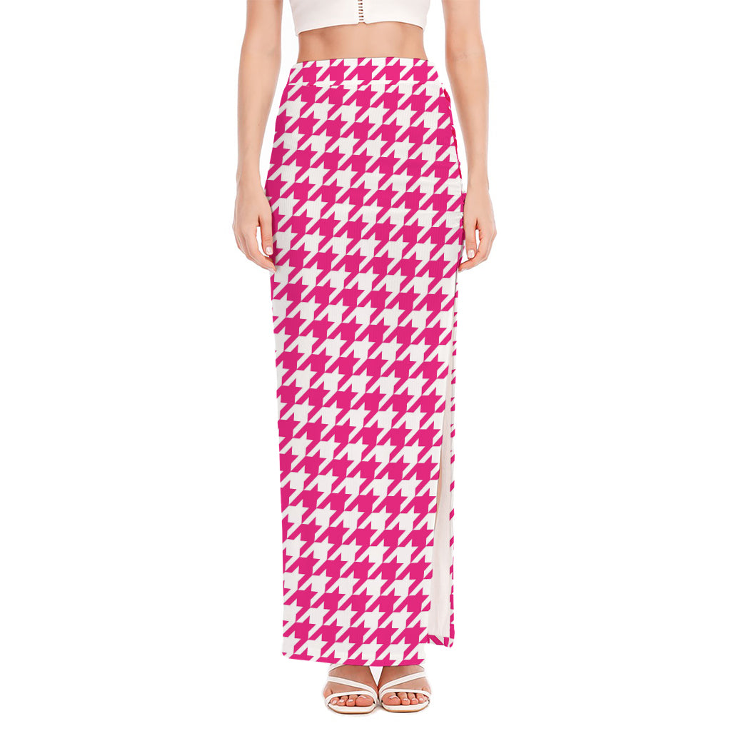 Hot Pink And White Houndstooth Print High Slit Maxi Skirt