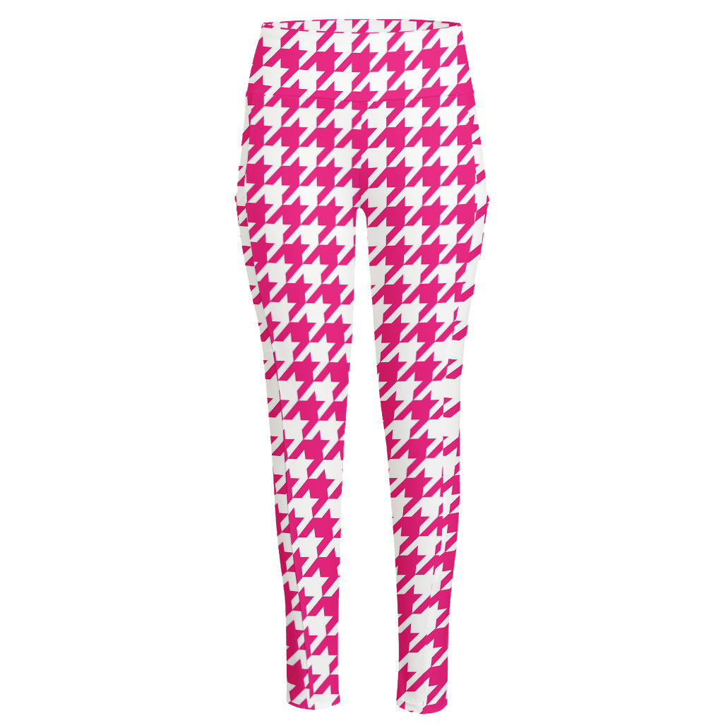 Hot Pink And White Houndstooth Print High-Waisted Pocket Leggings