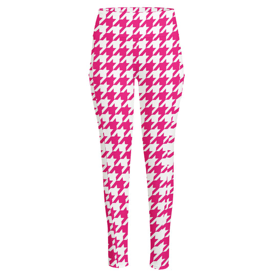 Hot Pink And White Houndstooth Print High-Waisted Pocket Leggings