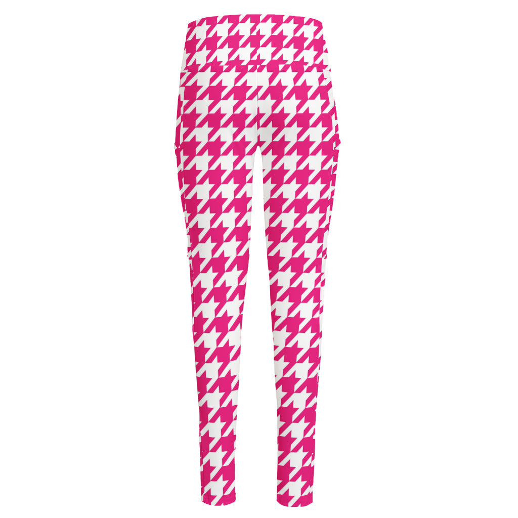 Hot Pink And White Houndstooth Print High-Waisted Pocket Leggings