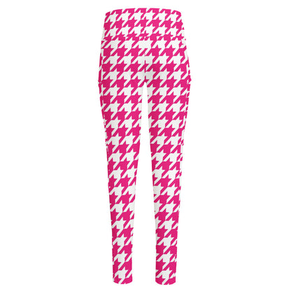 Hot Pink And White Houndstooth Print High-Waisted Pocket Leggings