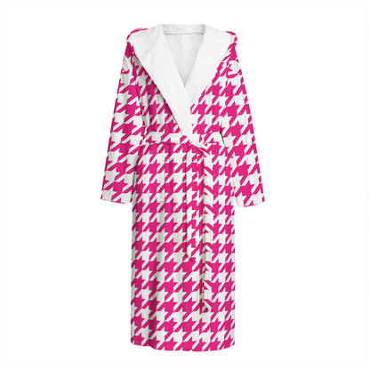 Hot Pink And White Houndstooth Print Hooded Bathrobe