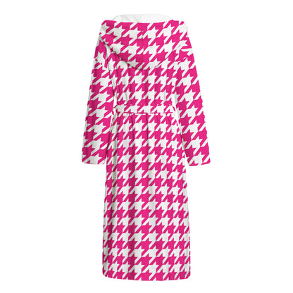 Hot Pink And White Houndstooth Print Hooded Bathrobe