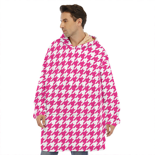 Hot Pink And White Houndstooth Print Hoodie Blanket