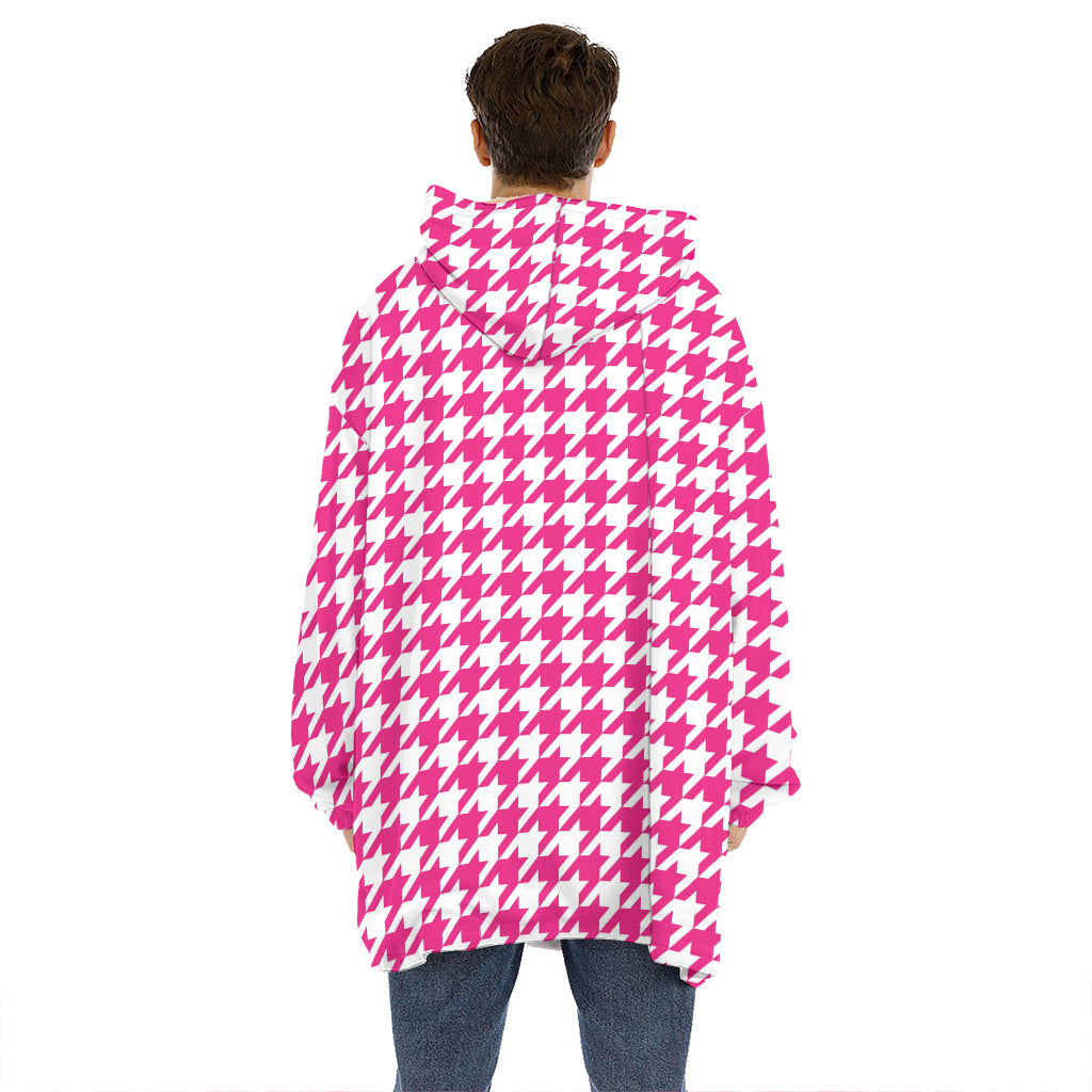 Hot Pink And White Houndstooth Print Hoodie Blanket