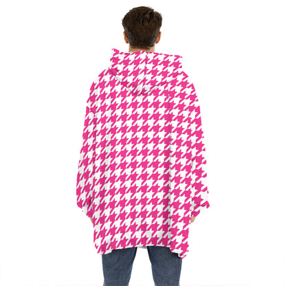 Hot Pink And White Houndstooth Print Hoodie Blanket