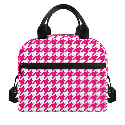 Hot Pink And White Houndstooth Print Insulated Lunch Bag