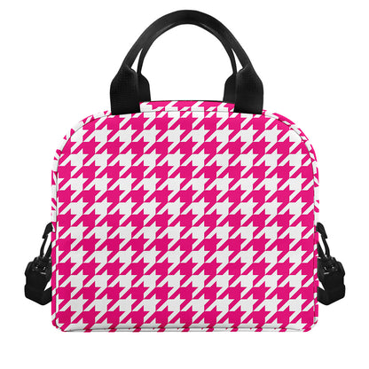 Hot Pink And White Houndstooth Print Insulated Lunch Bag
