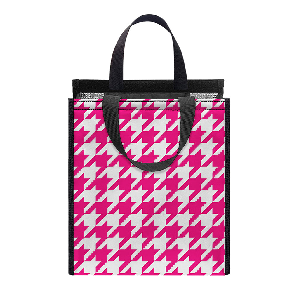 Hot Pink And White Houndstooth Print Insulated Lunch Tote